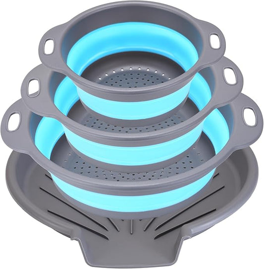 Collapsible Colander Set with Oversized Draining Tray | 3-Pack Foldable Kitchen Strainers + Base | Space Saving for Pasta, Veggies, Fruit & Rice | 5 Colors (Gray-Blue)