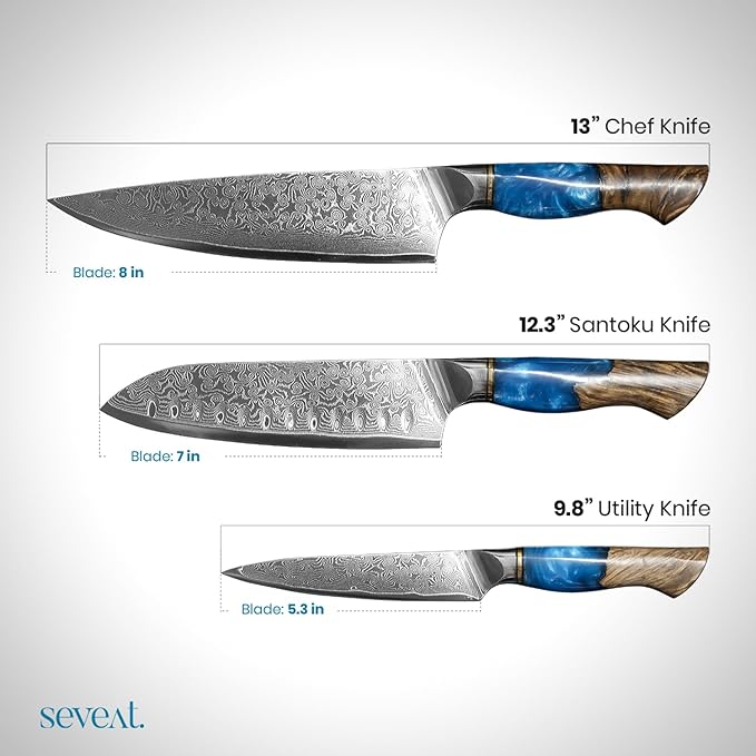 Damascus Kitchen Knife Set, 67-Layer Damascus Steel, 3-Piece Professional Set: 13” Chef, 12.3” Santoku & 9.8” Utility Knife, Ergonomic Wood & Resin Handle, Ideal for Gifting (Blue, 3 pieces)