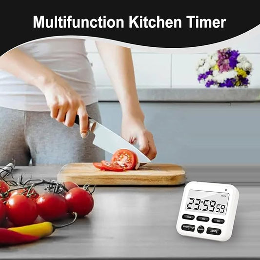 Multifunctional Kitchen Timer with Silent/Alert Mode, 24-Hour Clock, Memory Recall, Fast-Forward, and Magnetic Back for Cooking, Baking, Teaching(White)