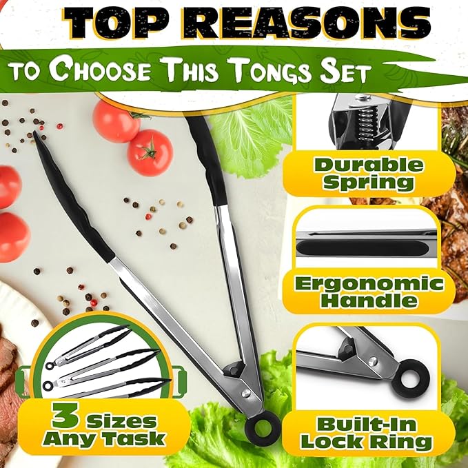 Kitchen Tongs Set of 3-7/9/12" Silicone Tipped Tongs for Cooking with Stainless Steel Build for Heat Resistant Handling, Non Stick & Easy-Lock Storage – Versatile Set for Meat Flipping & Salad Prep