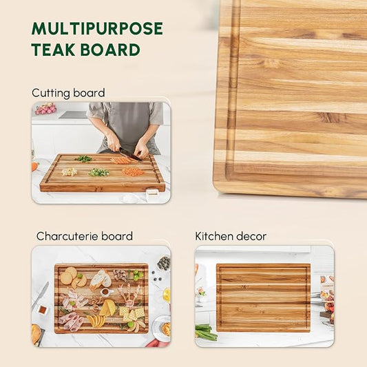 BEEFURNI Teak Wood Cutting Board with Hand Grip (L, 22x16x1.25"), Large Wooden Cutting Boards for Kitchen, Chopping Board Wood, Butcher Block, Charcuterie Board, Christmas Gifts, 1-Year Warranty