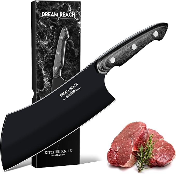 Dream Reach Meat Cleaver Knife- Full Tang Hand Forged Black Butcher Knife for Kitchen BBQ, Birthday Mother Father Gift