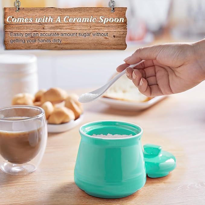 Turquoise Sugar Bowl with Lid and Spoon, 12 oz Teal Ceramic Sugar Bowl with Spoon, Sugar Container for Coffee Bar, Sugar Jar Sugar Dispenser Bowl, Teal Kitchen Decor and Accessories