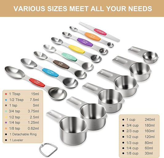 Stainless Steel Measuring Cups & Spoons Set, EWFEN Kitchen Tools Nesting Measuring Cups and Spoons, Set of 15 with Leveler