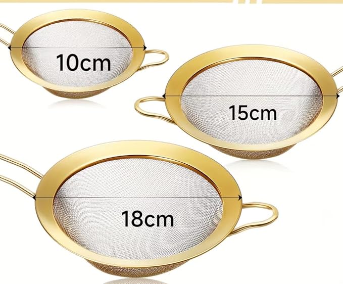 Three-piece Suit Baking SiftersWire ExtraMesh Strainer with Handle Oversized Extended Handle Stainless Steel Sieve Fine Mesh Strainers for Kitchen Rice Juice Quinoa Food Flour Baking(Golden)