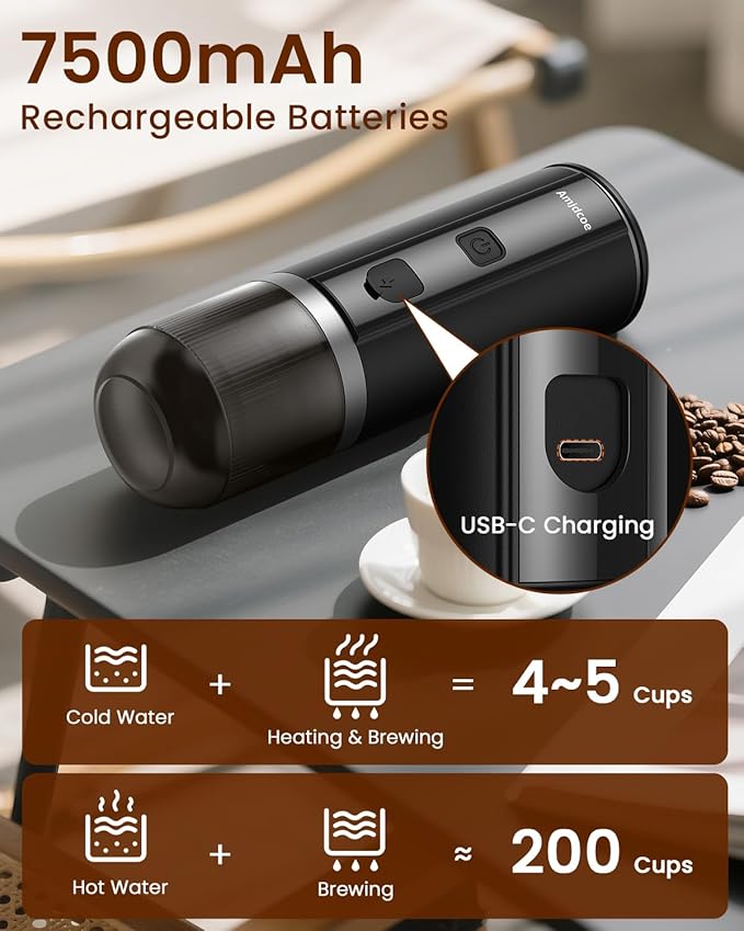 Amjdcoe Portable Espresso Maker, 20 Bar Electric Espresso Machine for Travel, Camping, Rechargeable USB-C Mini Coffee Maker for NS Capsule Pods and Ground Coffee, Matte Black