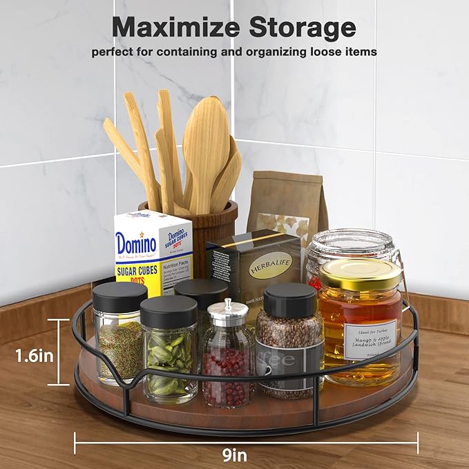 Lazy Susan Turntable Organizer for Cabinet Pantry Kitchen Countertop Refrigerator Cupboard, Pine Wood, 9", Brown