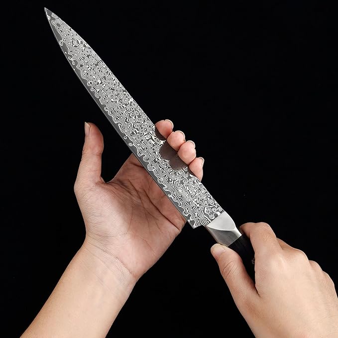 zayiko Carving Knife, 8.3-inch Blade Damascus Chef Knife made of 67 Layers Damascus Steel with VG10 Core, Sharp Kitchen Knives with Black Walnut Wood Handle, Boning Knife for Meat Cutting in Gift Box