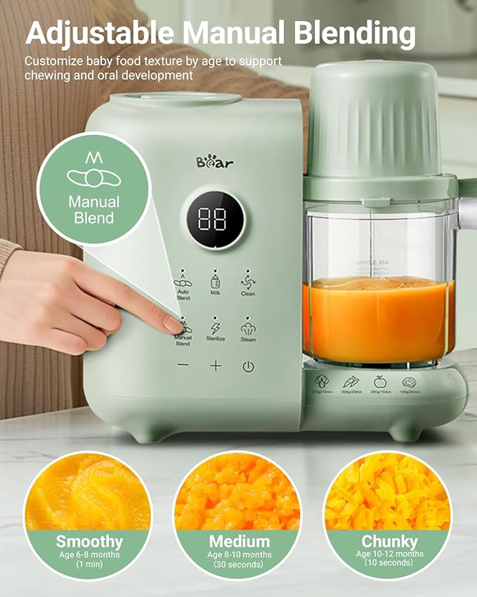Bear Baby Food Maker with 18.5oz Dual-Layer Steam Baskets, OneStep Baby Food Processor Steamer Puree Blender Grinder Mills, Auto Cooking Grinding&Sterili-zing for Healthy Homemade Baby Food, BPA-Free