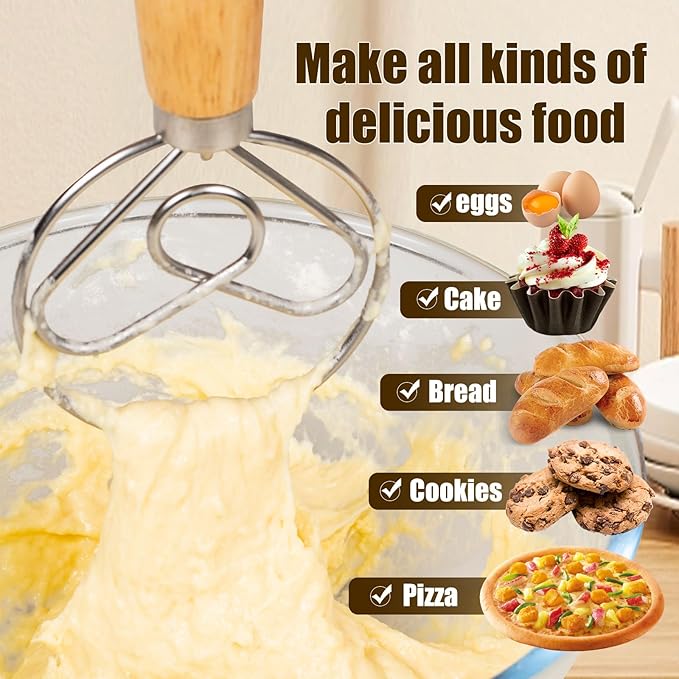 TEEVEA Danish Dough Whisk for Bread Sourdough, Wooden Handle & Stainless Steel Hook