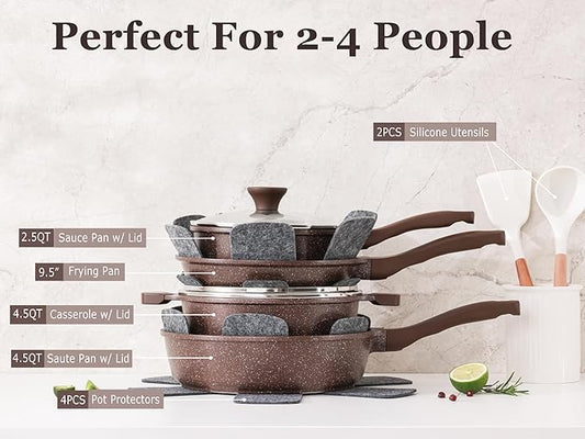 SENSARTE Nonstick Cookware Set 13-Piece, Healthy Pots and Pans Set Kitchen Cooking Set with Stay-Cool Handles, Silicone Utensils and Pot Protectors, PFOA Free