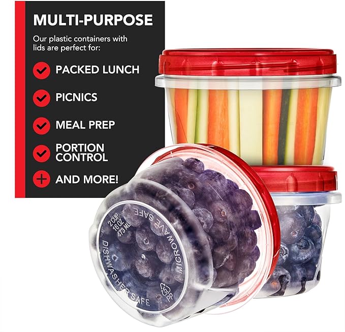 Stock Your Home 16oz Plastic Containers with Red Twist Top Lids (10 Pack) – 2-Cup Freezer Containers for Leftovers, Airtight Reusable Soup Storage, Microwave & Dishwasher Safe