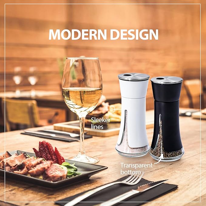 Aelga Farmhouse Salt and Pepper Shakers - Salt Shaker with Adjustable Pour Holes for Himalayan, Kosher, Black and White