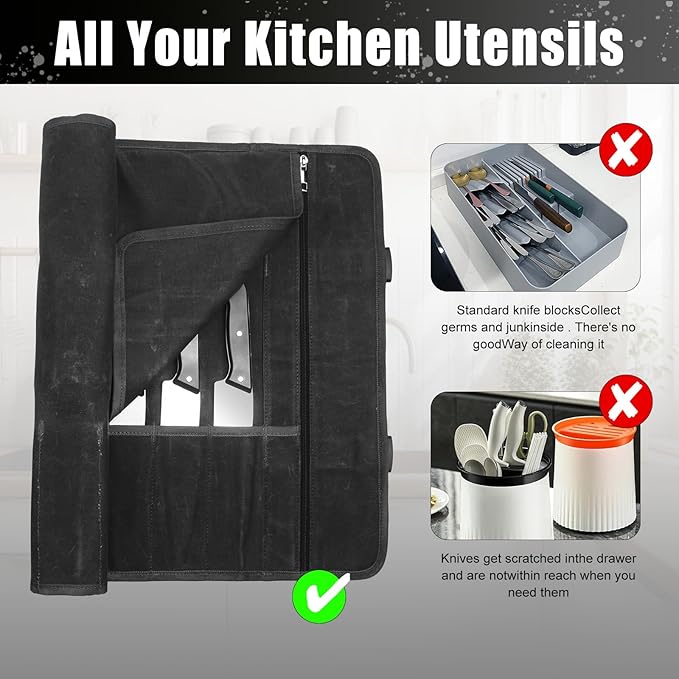 Chef Knife Roll Bag,Waxed Canvas Knife Travel Case,Heavy Duty Professional Knife Carrier Storage Holder with 10 Slots,Portable Kitchen Culinary Tool Organizer for Men,Fits up to 18.8”Knives.Black