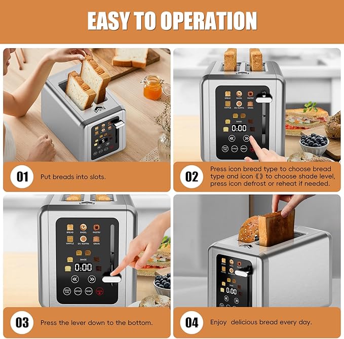 WUNLY Touch screen Toaster 2 slice,Stainless Steel Digital Timer Toasters with Sound Function,6 Bread Types & 6 Shade Settings,Smart Extra Wide Slots Toaster with Bagel,Defrost Functions,Platinum