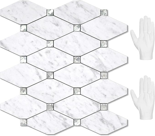 STICKGOO 10 Sheets Peel and Stick Backsplash, Carrara White Stick on Mosaic Tiles for Kitchen Wall Decor, PVC Mixed Glass Self Adhesive Peel and Stick Tile
