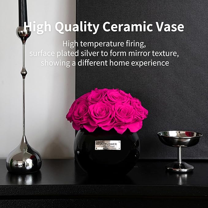 JoyFlower Preserved Flowers Vase Glass Decor, Eternal Flower Vases for Centerpieces, Forever Flower Decorations for Party Home Wedding Table Living Room Bedroom, Black Glass Vase House Decor(Fuchsia)