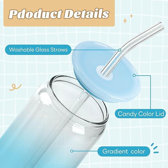 Joyclub 16oz Glass Cups with Acrylic Lids and Straws 12 Set Can Shaped Glass Iced Coffee Cups with Lids, Gradient Drinking Glasses Cute Tumbler Cup Great for Smoothie Soda Boba Tea Cocktail Beer Gift