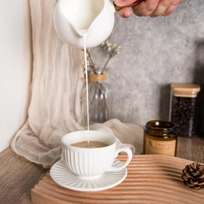2 oz White Espresso Cups Set of 2, Ceramic Cappuccino Cups with Saucers, Durable Porcelain Tea Set & Modern Coffee Cup Collection, Coffee Lover Gifts