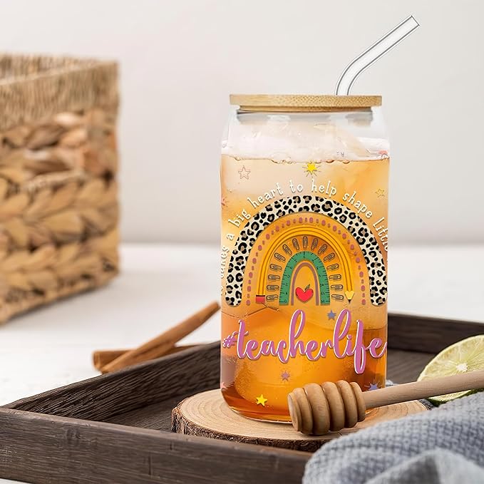 Teacher Appreciation Gifts 16 Oz Glass Cup with Lid and Straw It Takes Big Heart To Help Shape Little Minds Coffee Tumbler Birthday Christmas Thank You Gift for Teachers Women Coworkers