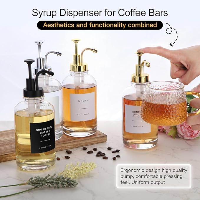 Coffee Syrup Dispenser-2pack,16.9 oz 500ml,Coffee Bar Accessories,Syrup Pump Dispenser for Coffee Bar,Contains Cleaning Tools, Funnel