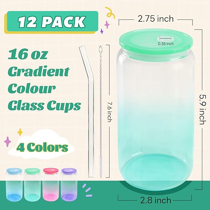Joyclub 16oz Glass Cups with Acrylic Lids and Straws 12 Set Can Shaped Glass Iced Coffee Cups with Lids, Gradient Drinking Glasses Cute Tumbler Cup Great for Smoothie Soda Boba Tea Cocktail Beer Gift