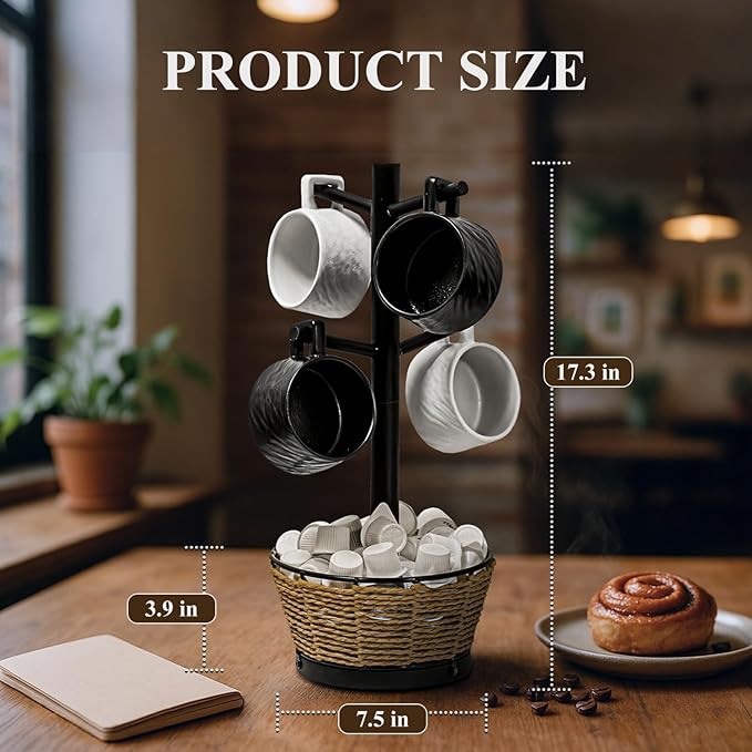 Wood Mug Holder Tree With Woven Basket, 4 Hooks Coffee Mug Holder, Countertop Mug Tree For Kitchen Counter Cabinet Coffee Bar Accessories Cup Display Organizer Hanger(Black)