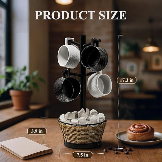Wood Mug Holder Tree With Woven Basket, 4 Hooks Coffee Mug Holder, Countertop Mug Tree For Kitchen Counter Cabinet Coffee Bar Accessories Cup Display Organizer Hanger(Black)