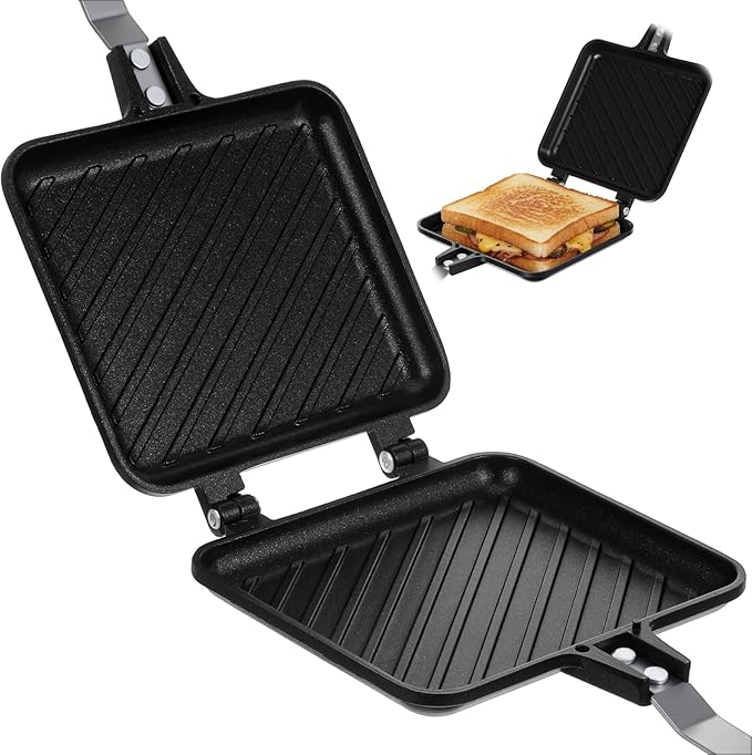 Sandwich Maker, Grilled Panini Maker Pan with Non-Stick Plates, Stovetop Toasted Sandwich Makers Press, Double Sided Aluminum Flip Cheese Makers Frying Pan for Home Kitchen Breakfast Camping