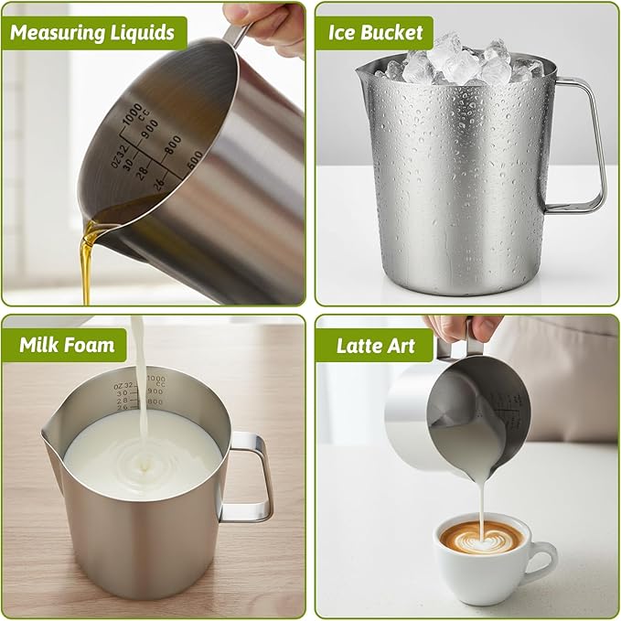 304 Stainless Steel Measuring Cup with Handle and Pour Lip, 32oz / 1000ml Metal Pitcher with Oz And ML Marking, 18/8 Stainless Steel Heavy-Duty Milk Frothing Jug for Latte Art Iced Tea Hot/Cold Water