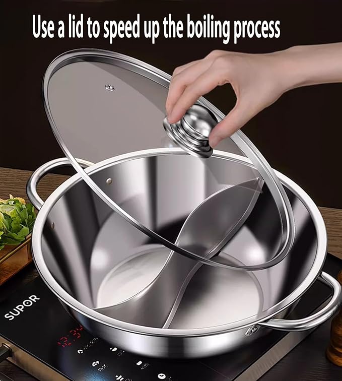 Nonstick Frying Pan Double Flavor Hot Pot Stainless Steel Shabu Hot Pot for Electric Induction Cooktop Gas Stove Kitchen Everything Pot with Glass Lid Stove Pot Uncoated Cookware,32CM