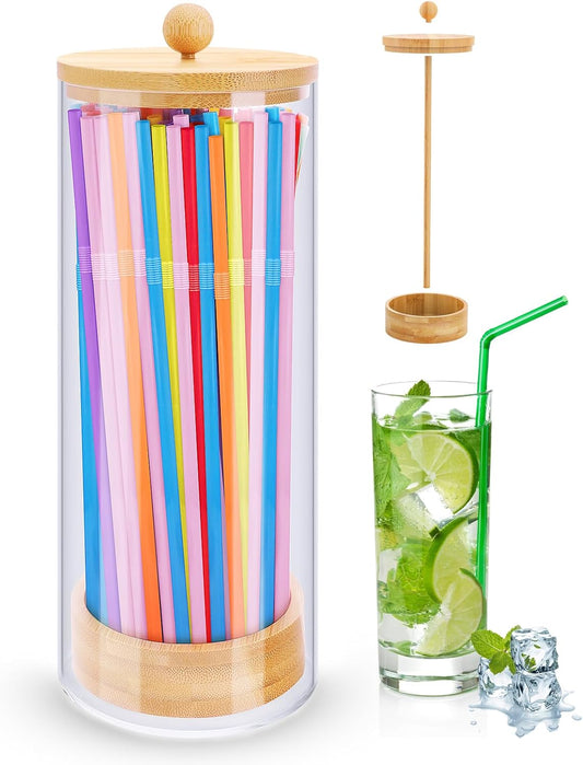 JYPS 10-Inch Acrylic Straw Dispenser with Bamboo Lid with 100 Colorful Straws, Transparent Counter Container Countertop Organizer for Kitchen, Office,Cabinet Storage, Holds Pencils, Cutlery
