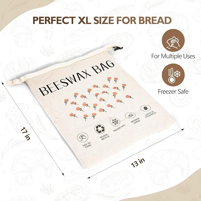 2-Pack Reusable Beeswax Bread Bags for Homemade Bread Sourdough, 2 Natural XL Beeswax 100% Linen Moisture-proof Lined Storage Bags with Buckle& 1 Bowl Covers –Easy to Clean,Keeps Bakes Fresh Longer