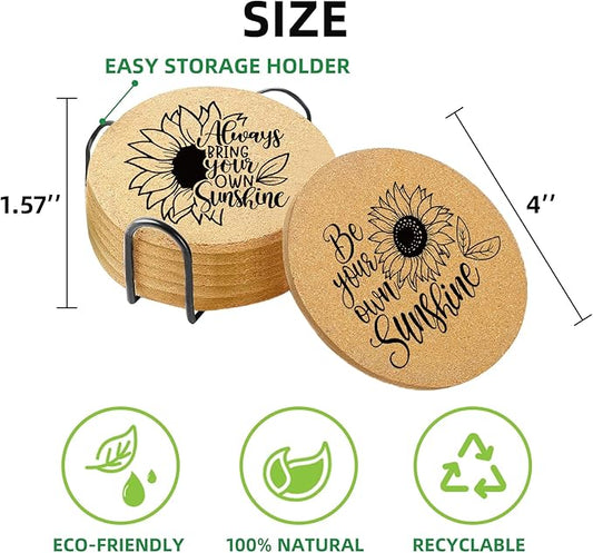 Coasters for Drinks with Holder Set of 6, Sunflower Absorbent Cork Wood Coaster for House Warming Gifts New Home Couples for Cup Desk Table Office Kitchen Decor, Round 4"