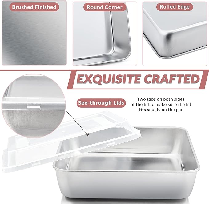 E-far 6/8/9-Inch Square Cake Pan with lid Set, Square Baking Brownie Pans Stainless Steel Bakeware Set of 3, Non-toxic & Healthy, Easy Clean & Dishwasher Safe - 6 Pieces(3 Pans + 3 Covers)