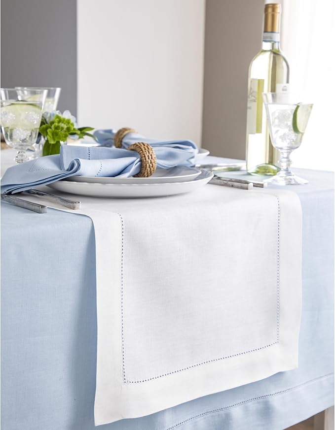 Solino Home Linen White Table Runner 108 Inches Long - 100% Pure Linen 14 x 108 Inch Table Runner for Valentines, Spring, Easter - Classic Hemstitch