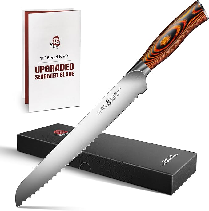 TUO Bread Knife, 10 inch Upgraded Serrated Knife for Homemade Sourdough Bread, High Carbon German Steel with Pakkawood Handle, Gift Box - Fiery Phoenix Series