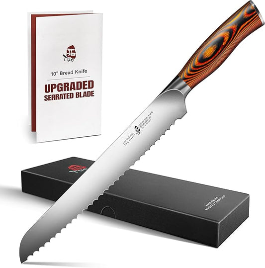 TUO Bread Knife, 10 inch Upgraded Serrated Knife for Homemade Sourdough Bread, High Carbon German Steel with Pakkawood Handle, Gift Box - Fiery Phoenix Series