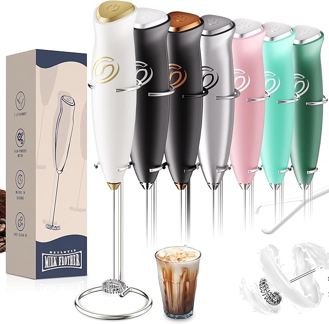 HeyLotie Milk Frother With Stand Handheld Frother Wand Drink Mixer Handheld Coffee Stirrers Electric Frother for Coffee Mixer Wand with 2 Whisk frother for protein powder-White/Gold