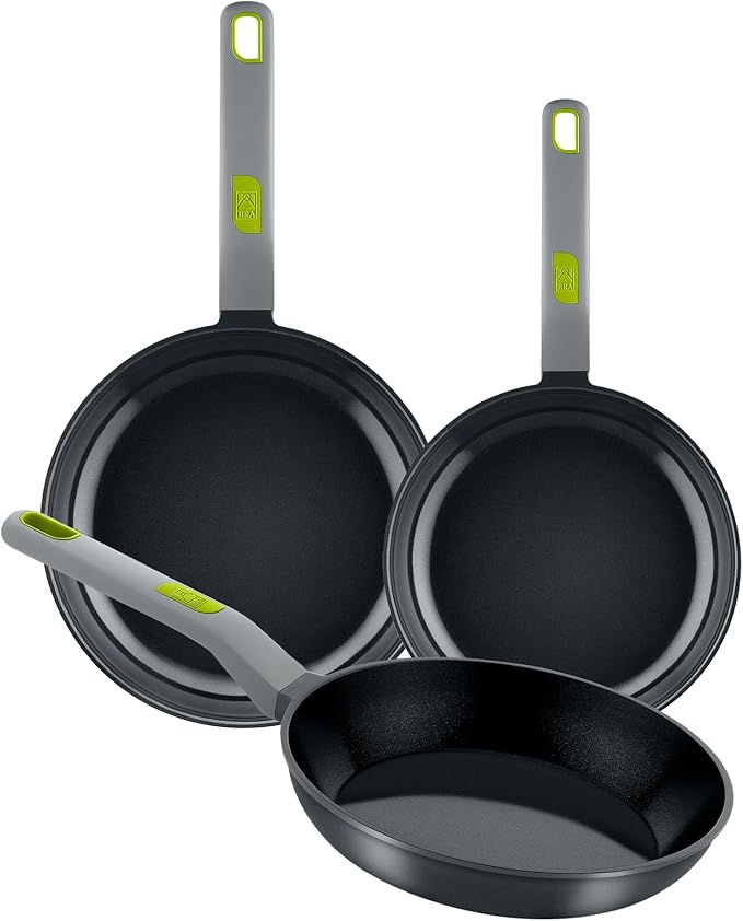 BRA COOKWARE Life 3 Ceramic Nonstick Frying Pan Set | 8+9.5+11 Inch Recycled Cast Aluminum Skillets | Ceramic Non-Stick Fry Pans | PFOA Free Searing Skillets | All Cooktops | Soft-Touch Handle