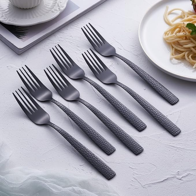 Matte Black Dinner Fork Set of 6, 8.0 inches Stainless Steel Black Silverware, Metal Hammered, Satin Finish