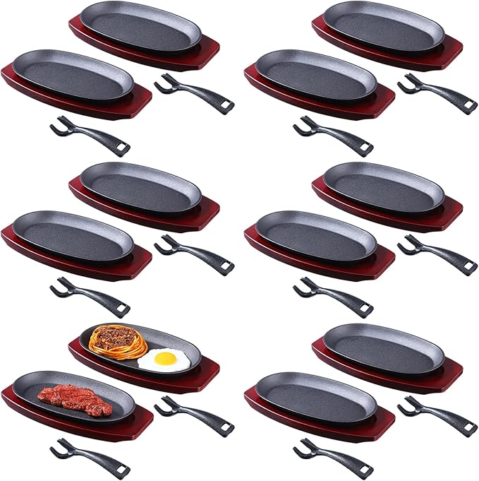 12 Pieces Oval Cast Iron Fajita Skillet Pan Set Small Sizzling Steak Plate with Wooden Base and Handle Cast Iron Fajita Skillet Sizzling Plate for Home Restaurant Barbecue Wedding Valentine's Day