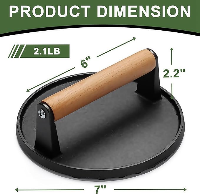 Cast Iron Grill Press with Ribbed Base, 2LB 7 Inch Round Smash Burger Press with Wood Handle, Heavy Duty Bacon Press & Meat Weight for Perfect Searing, Nonstick Kitchen Tool for Stovetop, Griddle, BBQ