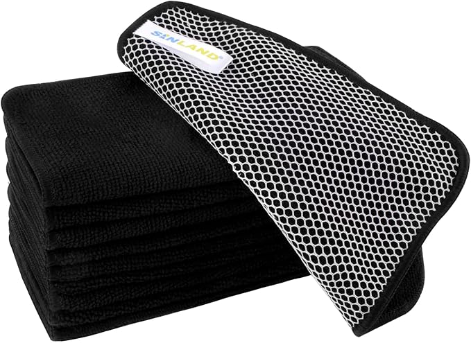 SINLAND Microfiber Dish Cloth for Washing Dishes Dish Washing Rags Best Kitchen Washcloth Cleaning Cloths Wash Cloths with Poly Scour Side 7.87Inchx7.87Inch 10 Pack Black
