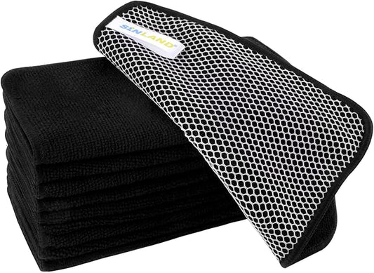 SINLAND Microfiber Dish Cloth for Washing Dishes Dish Washing Rags Best Kitchen Washcloth Cleaning Cloths Wash Cloths with Poly Scour Side 7.87Inchx7.87Inch 10 Pack Black