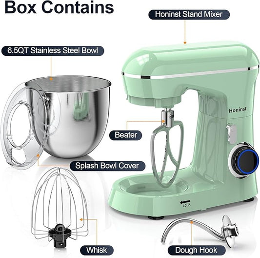 Honinst Stand Mixer, 6.5QT 10-Speed Tilt-Head Electric Stand Mixer, 3-In-1 Kitchen Mixer with Bowl, Dough Hook, Whisk and Beater, Food Mixer for Baking, Cake and Most Home Cooks, Light Green