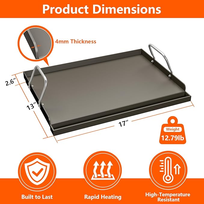 17" x 13" Cast Iron Griddle for Gas Grill, Universal Flat Top with Pre-Seasoned Nonstick Coating, Grease Groove and High Sidewalls, Griddle Plate Insert for Camping, Tailgating and Parties