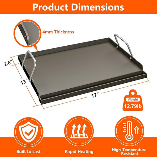 17" x 13" Cast Iron Griddle for Gas Grill, Universal Flat Top with Pre-Seasoned Nonstick Coating, Grease Groove and High Sidewalls, Griddle Plate Insert for Camping, Tailgating and Parties