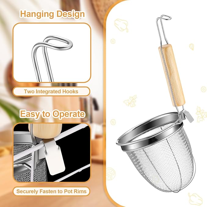 Patelai 8 Pcs Pasta Strainer Basket 5.5"x5.5" Stainless Steel Noodle Strainer with Wood Handle Kitchen Round Base Mesh Spider Basket Skimmer Food for Pasta, Ramen, Dumplings, and Deep-fried Foods