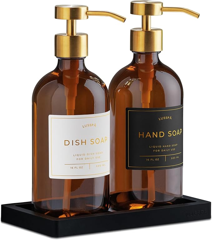 Lotion, Hand & Dish Soap Dispenser for Kitchen & Bathroom | Soap Dispenser Set of 2 16.8 Oz Glass Bottles with Stainless Steel Pump, 15 Water Proof Labels & Silicon Tray (Amber/Gold)